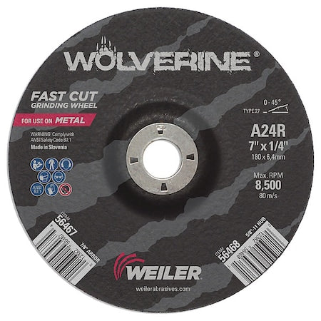 Grinding Wheel, Type 27, 7 in Dia, 0.25 in Thick, 7/8 in Arbor Hole Size, Aluminum Oxide, 24 Grit
