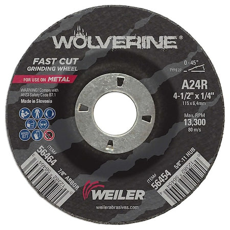 Grinding Wheel, Type 27, 4 1/2 in Dia, 0.25 in Thick, 7/8 in Arbor Hole Size, Aluminum Oxide