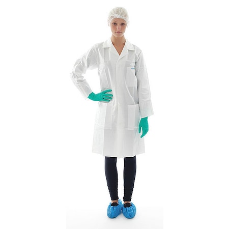 BioClean Lab Coat, Non-Woven Polypropylene Laminate/Polyethylene, Snaps Closure, White, L, 30 PK