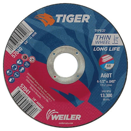Cutting Wheel, Type 27, 4 1/2 in Dia, 0.045 in Thick, 7/8 in Arbor Hole Size, Aluminum Oxide