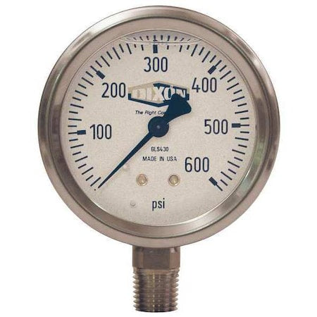 Liquid Fill SS Gauge Lower Mnt,0-3000psi, 1/4 in NPT Lower Location, Stainless Steel Case Material