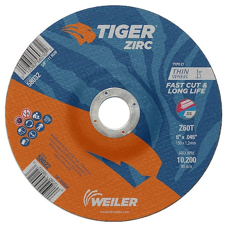 Cutting Wheel, Type 27, 6 in Dia, 0.045 in Thick, 7/8 in Arbor Hole Size, Zirconia Alumina, 60 Grit