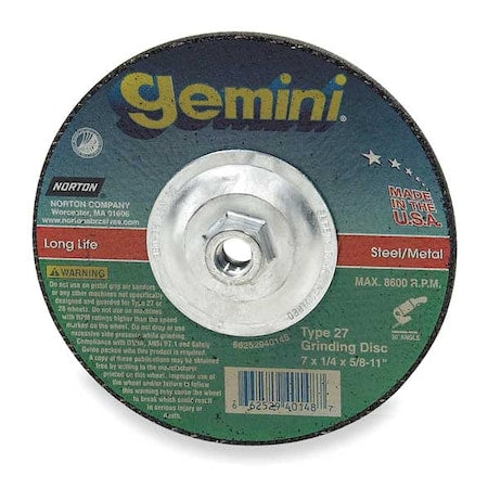 Depressed Center Grinding Wheel, Type 27, 7 in Dia, 0.25 in Thick, 5/8"-11 Arbor Hole Size, 24 Grit