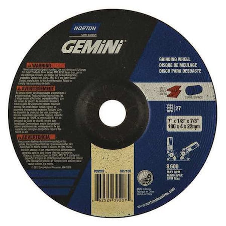 Cut-Off & Grinding Wheel, Type 27, 7 in Dia, 0.125 in Thick, 7/8 in Arbor Hole Size, Aluminum Oxide