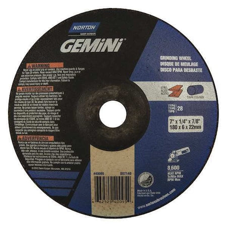 Depressed Center Grinding Wheel, Type 28, 7 in Dia, 0.25 in Thick, 7/8 in Arbor Hole Size, 24 Grit
