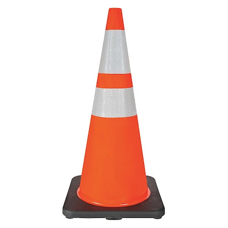 Traffic Cone, Standard Shape, PVC, 28 in H, Orange, 2 Reflective Stripes, Black Base