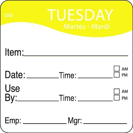 Day Label, Tuesday, 2-5/9 In. W, PK250