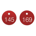 Engraved Numbered Tags, Plastic, 1 1/8 in H x 1 1/8 in W, 1 1/8 in Dia., Red/White, Round, 100 PK