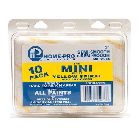Mini Paint Roller Cover, 4 in, 1/2 in Nap, Perlon, 10 PK