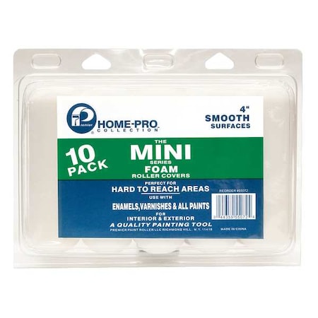 Mini Paint Roller Cover, 4 in Length, 0 in Nap Size, Foam, Home Pro, Mini, 10 PK