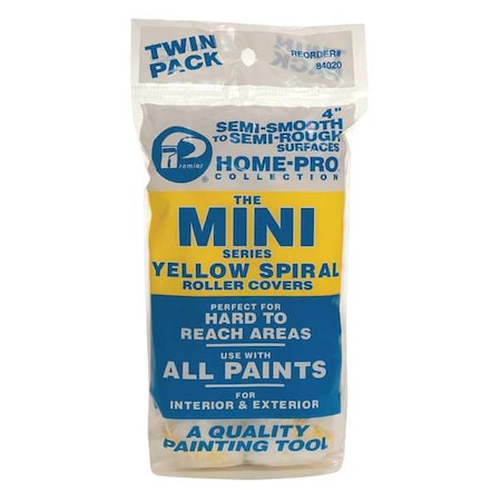 4" Mini Paint Roller Cover, 1/2" Nap, Perlon, 2 PK