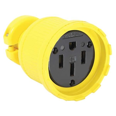 Straight Blade Connector, 14-50R, 50 A, 125/250V AC, 3 Pole, 4 Wire, Screw Terminals, Yellow