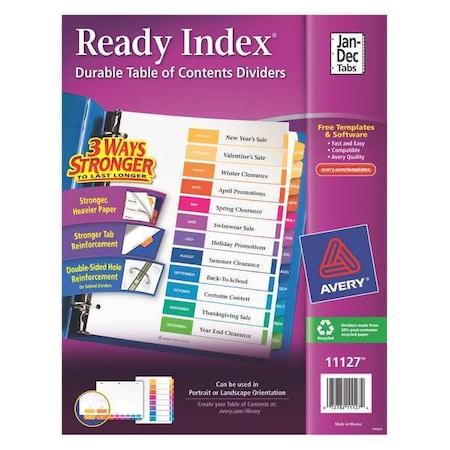 Avery Ready Index Table of Contents Dividers 11127, Jan-Dec, 12-Tab Set