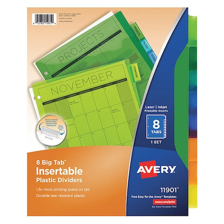 Avery Big Tab Insertable Plastic Dividers 11901, 8 Multicolor Tabs, 1 Set