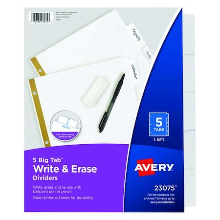 Avery Big Tab Write & Erase Dividers 23075, 5 White Tabs, 1 Set