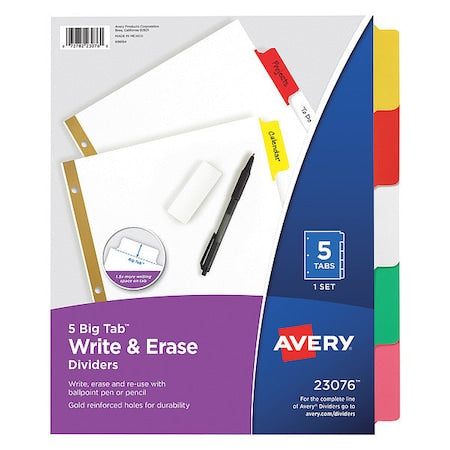 Avery Big Tab Write & Erase Dividers 23076, 5 Multicolor Tabs, 1 Set