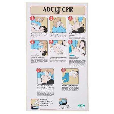 First Aid Poster, Adult CPR (2011), 19 1/2 in H x, 11 in W, Plastic