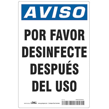 Spanish Por Favor Desinfecte Sign, 10 in Height, 7 in Width, Polystyrene, Rectangle, Spanish