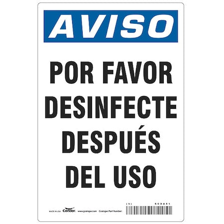 Spanish Por Favor Desinfecte Sign, 10 in Height, 7 in Width, Aluminum, Rectangle, Spanish