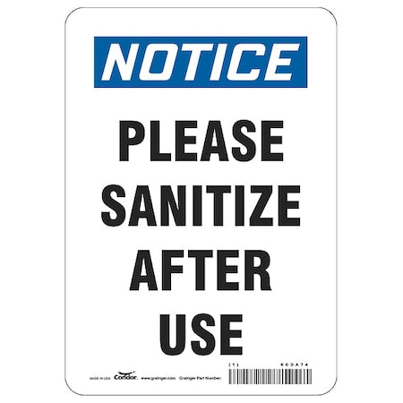 Please Sanitize After Use Sign, 7" W x 10" H, English, Polystyrene, White