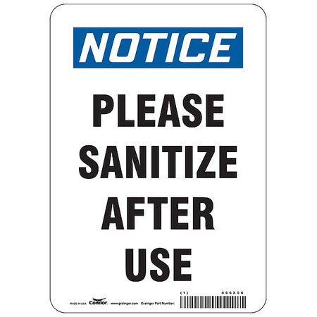 Please Sanitize After Use Sign, 7" W x 10" H, English, Aluminum, White