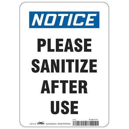 Please Sanitize After Use Sign, 10" W x 14" H, English, Polyester, White