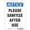 Please Sanitize After Use Sign, 10" W x 14" H, English, Polystyrene, White