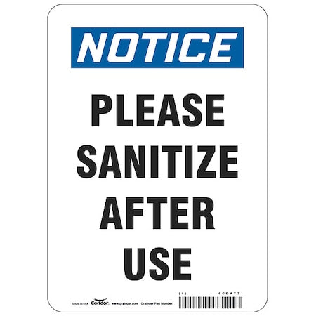 Please Sanitize After Use Sign, 10" W x 14" H, English, Polystyrene, White