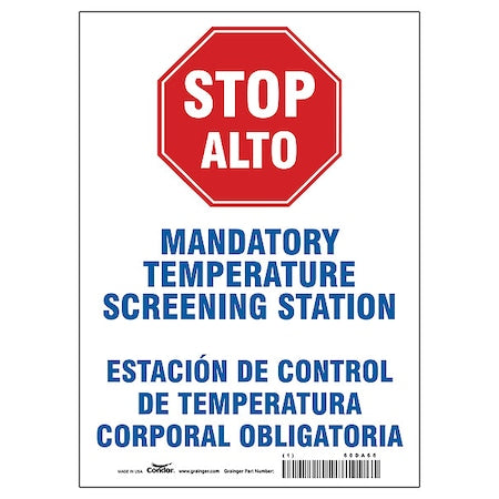 Temperature Screening Sign, 10" W x 14" H, English, Spanish, Aluminum, White