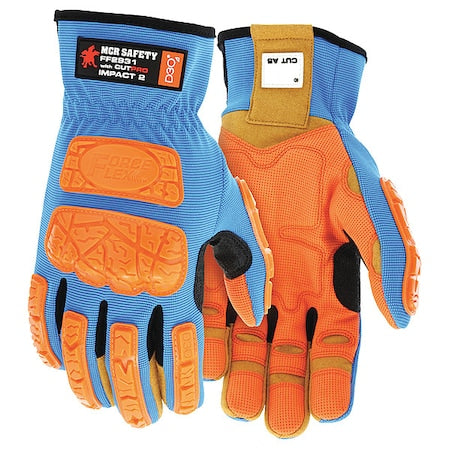 FF2931 Mechanics Gloves, Synthetic Leather Palm, Spandex Back, 2XL, Beige/Blue