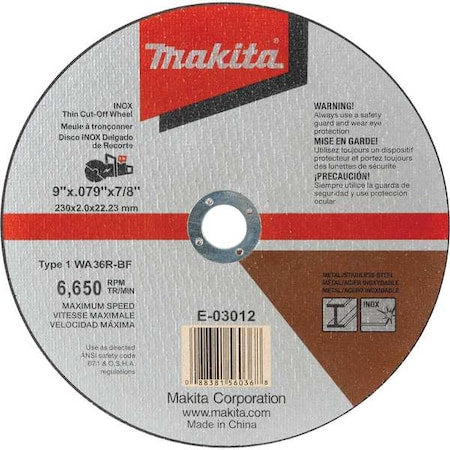 Abrasive Cut-Off Wheel, Type 1, 9 in Dia, 0.079 in Thick, 7/8 in Arbor Hole Size, Aluminum Oxide