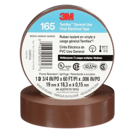 Vinyl Electrical Tape, 165 Temflex, 3/4 in W x 60 ft L, 6 mil Thick, Brown