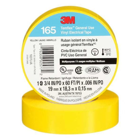 Electrical Tape, Vinyl, Yellow, 20 yd L, 3/4 in W