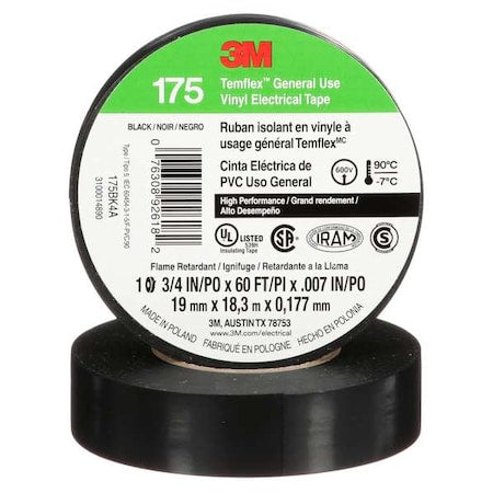 Electrical Tape, Vinyl, Black, 20 yd L, 3/4 in W
