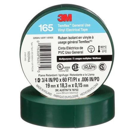 ElectricalTape, Vinyl, Green, 20ydL, 3/4inW