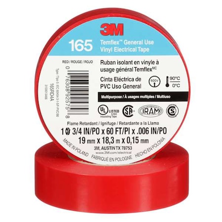 Vinyl Electrical Tape, 165 Temflex, 3/4 in W x 60 ft L, 6 mil Thick, Red