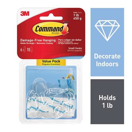Hook, Clear, Plastic, 5/8 in D, PK6