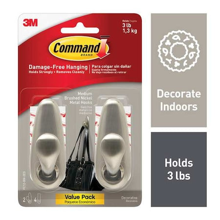 Hook, Nickel, Metal, 1 1/4 in D, PK2