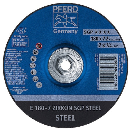 7" x 1/4 Grinding Wheel, 5/8-11 Thd. - ZIRKON SGP STEEL - Type 27
