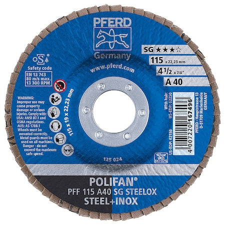 4-1/2" x 7/8" A.H. POLIFAN Flap Disc - A SG STEELOX, Aluminum oxide, 40 Grit, Flat