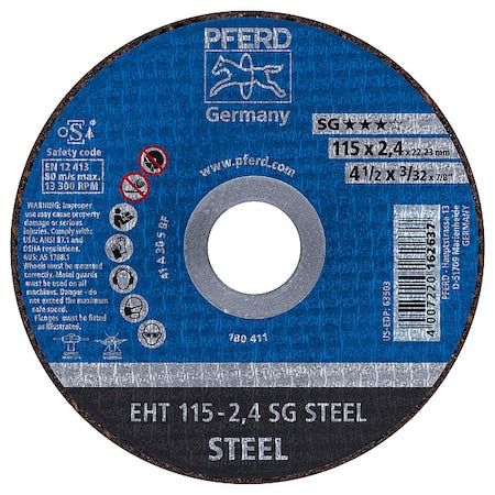 Abrasive Cut-Off Wheel, Type 1, 4-1/2 in Dia, 3/32 in Thick, 7/8 in Arbor Hole Size, 30 Grit