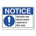 Notice, Hairnets and Beard Covers Required In This Area, 7 in W x 5 in H, Horizontal Rectangle