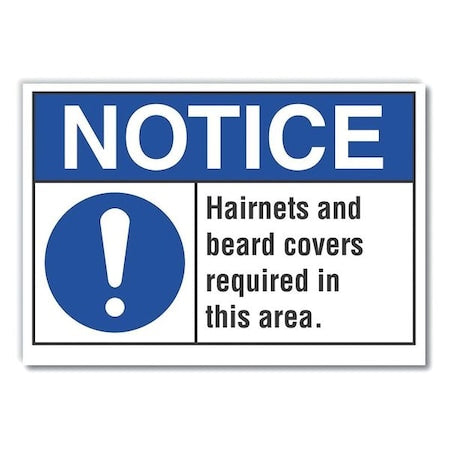 Notice, Hairnets and Beard Covers Required In This Area, 14 in W x 10 in H, Horizontal Rectangle