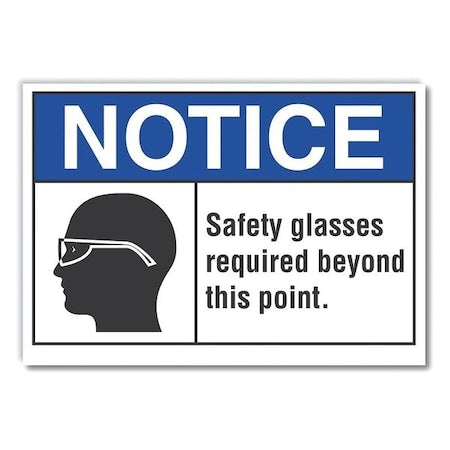 Notice, Safety Glasses Required Beyond This Point, 5 in W x 3 1/2 in H, Horizontal Rectangle