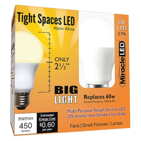 5 W, Compact LED Bulb, White, A15, 3000K Temp. Frosted, Non-Dimmable, PK2