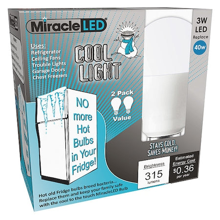 3 W, Compact LED Bulb, White, A15, 6500K Temp. Frosted, Non-Dimmable, PK2