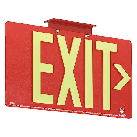 Photoluminescent Single-Face Exit Sign, Red, 100FT Viewing Distance