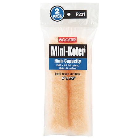 6" Mini Paint Roller Cover, 1/2" Nap, Knit Fabric, 2 PK