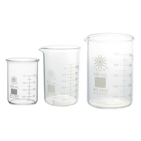 Beaker Set, Borosilicate Glass, Low Form, 250 mL, 400 mL, 600 mL / A Type I