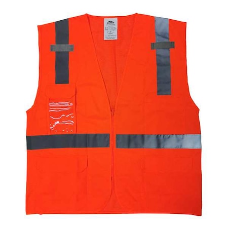 High-Visibility Vest, Polyester, Zipper Closure, 4 Outside Pockets, 2, Orange/Red, Size XL
